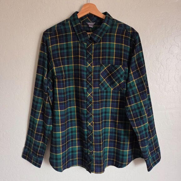 Eddie Bauer Forest Plaid Flannel Shirt Green Sz Women's XL Button Up 100% Cotton - Picture 1 of 10